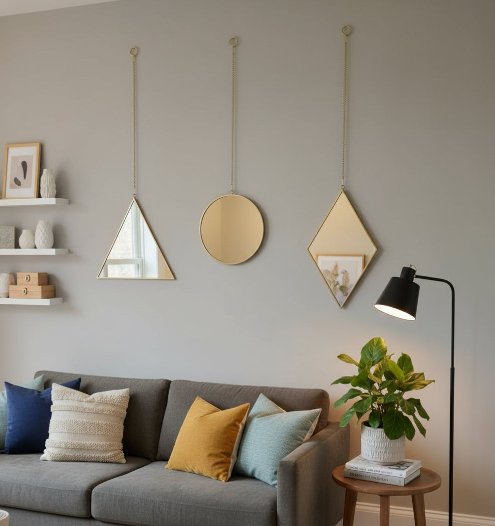 SMALL Set of Three Decorative Mirrors Triangle Circle Diamond Hanging Gold Chain