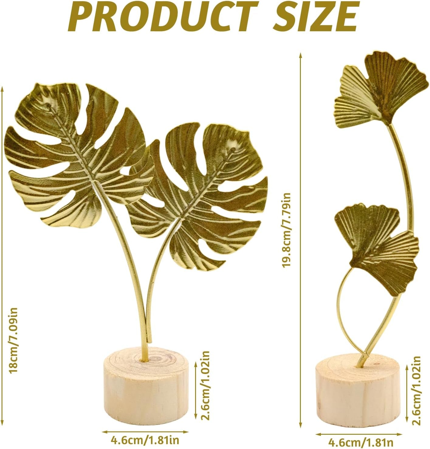 2Pcs Ginkgo Leaf Statue, Metal Leaves Gold Ornaments Sculptures, Gold Ginkgo Leaf Desktop Decoration Sculpture for Office, Bedroom, Bookshelf
