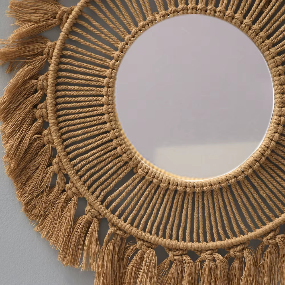 Macrame Wall Mirror Creative Simple Style Handmade round Hand-Woven Wall Art Nordic Bedroom Home Decor Wall Hanging Decoration