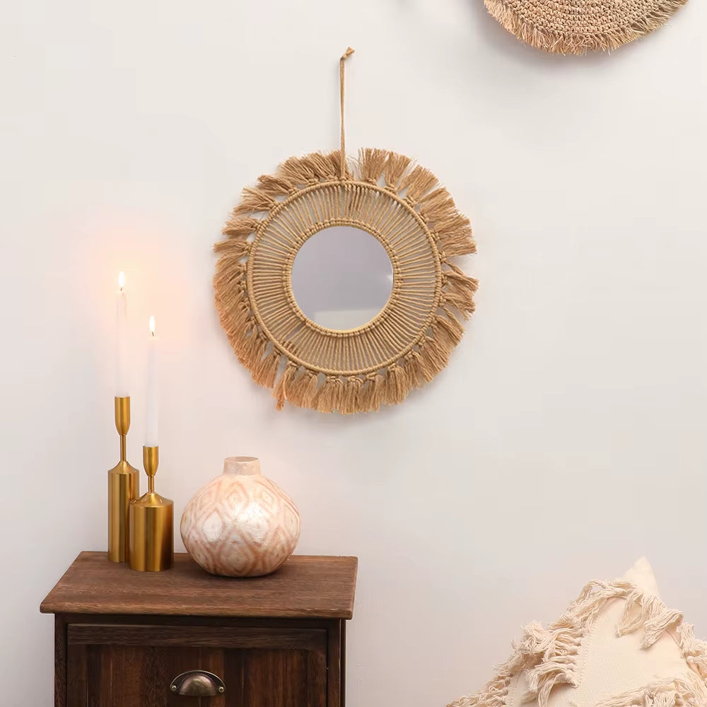 Macrame Wall Mirror Creative Simple Style Handmade round Hand-Woven Wall Art Nordic Bedroom Home Decor Wall Hanging Decoration