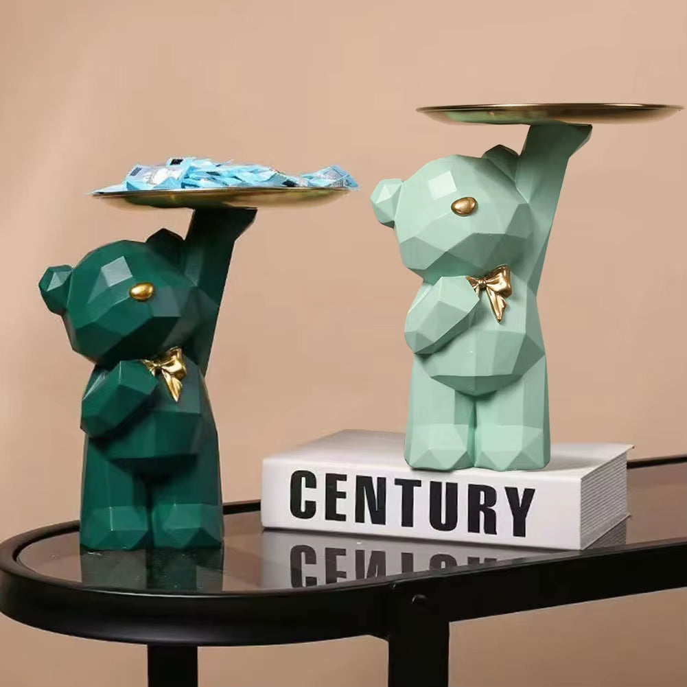 Resin Lovely Nordic Bear Sculptures Keys Holder Geometric Bear Statue Floor Tray Ornament for Home Decor Bookshelf Decor