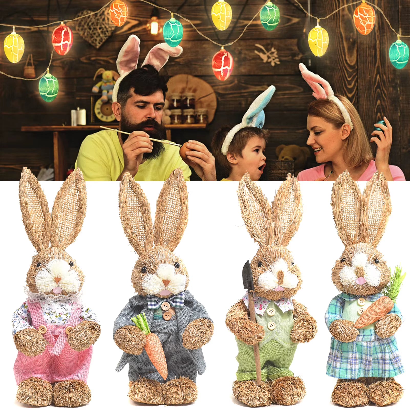 Easter Rabbit Decoration Bunny Figure Cattail Craft Ornament Home Holiday Cute Bunny Home Decoration Easter Rabbit Decoration