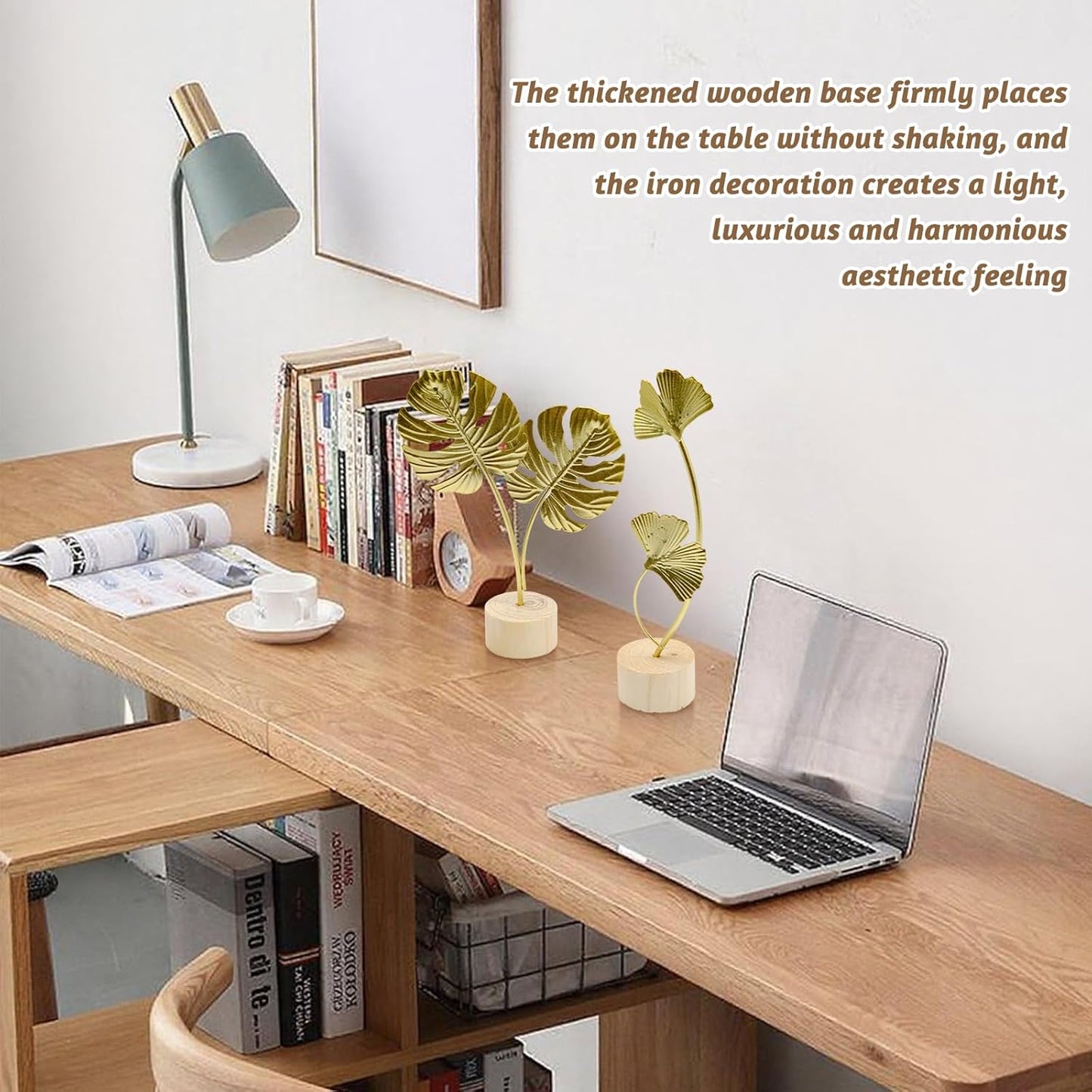 2Pcs Ginkgo Leaf Statue, Metal Leaves Gold Ornaments Sculptures, Gold Ginkgo Leaf Desktop Decoration Sculpture for Office, Bedroom, Bookshelf