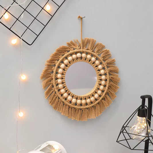 Macrame Wall Mirror Creative Simple Style Handmade round Hand-Woven Wall Art Nordic Bedroom Home Decor Wall Hanging Decoration
