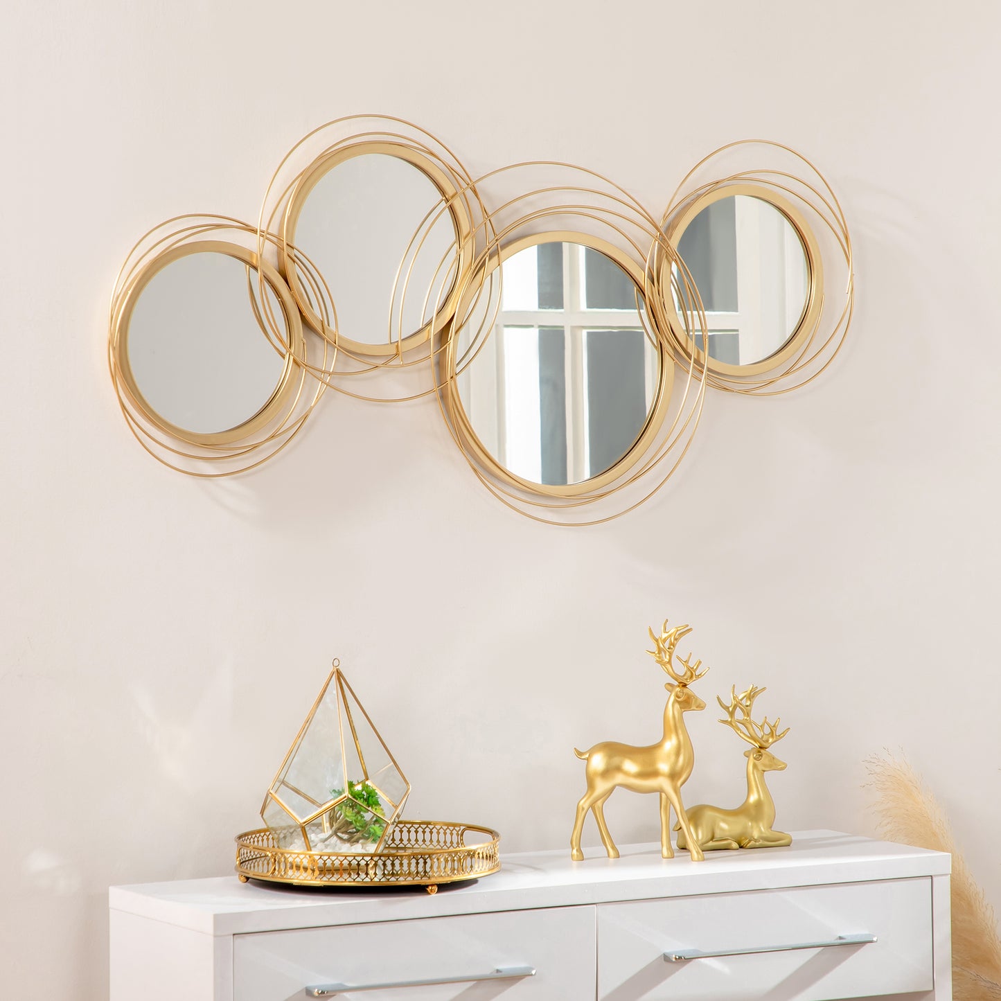 Modern Metal Wall Art with Mirror, Wall Sculpture Decor for Living Room