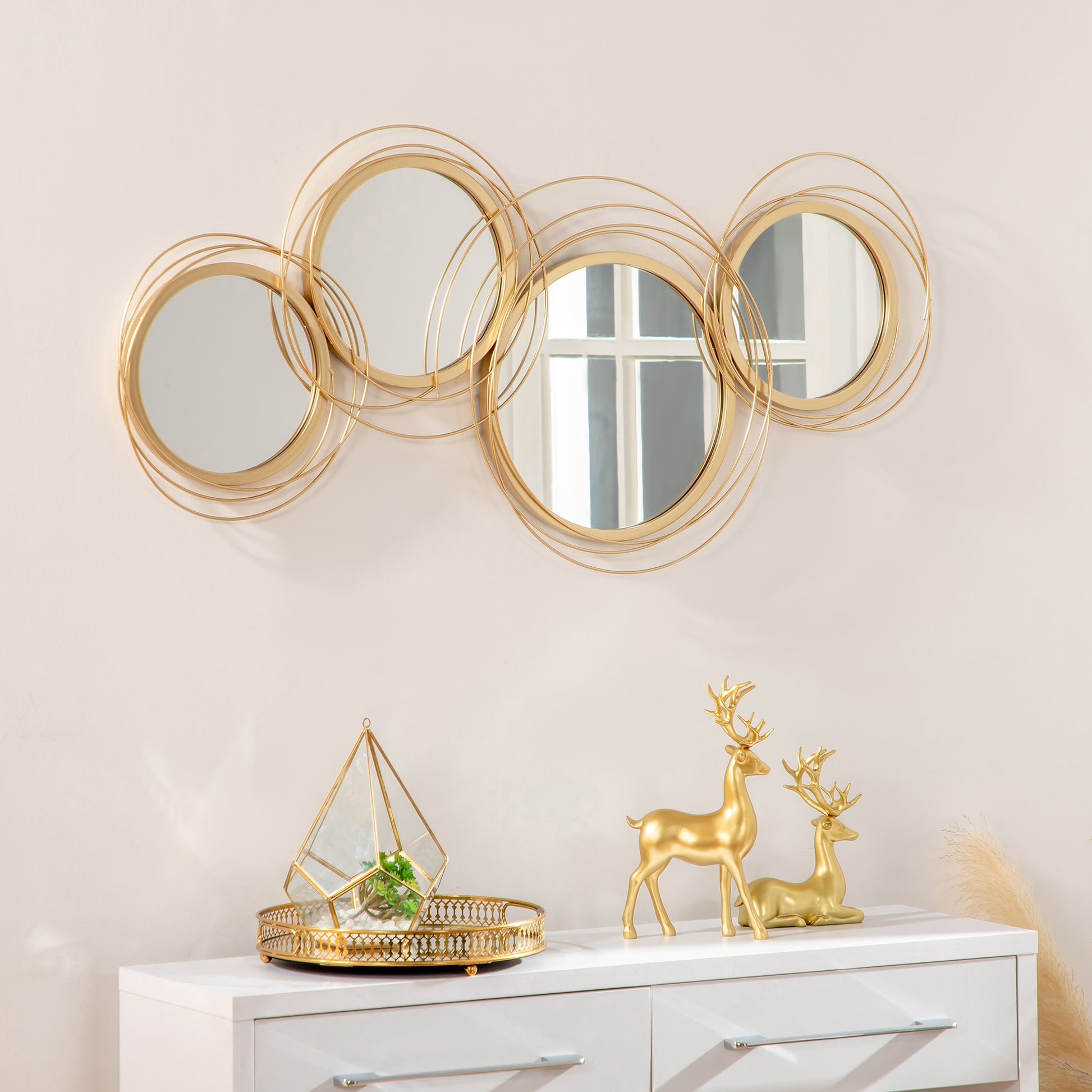 Modern Metal Wall Art with Mirror, Wall Sculpture Decor for Living Room
