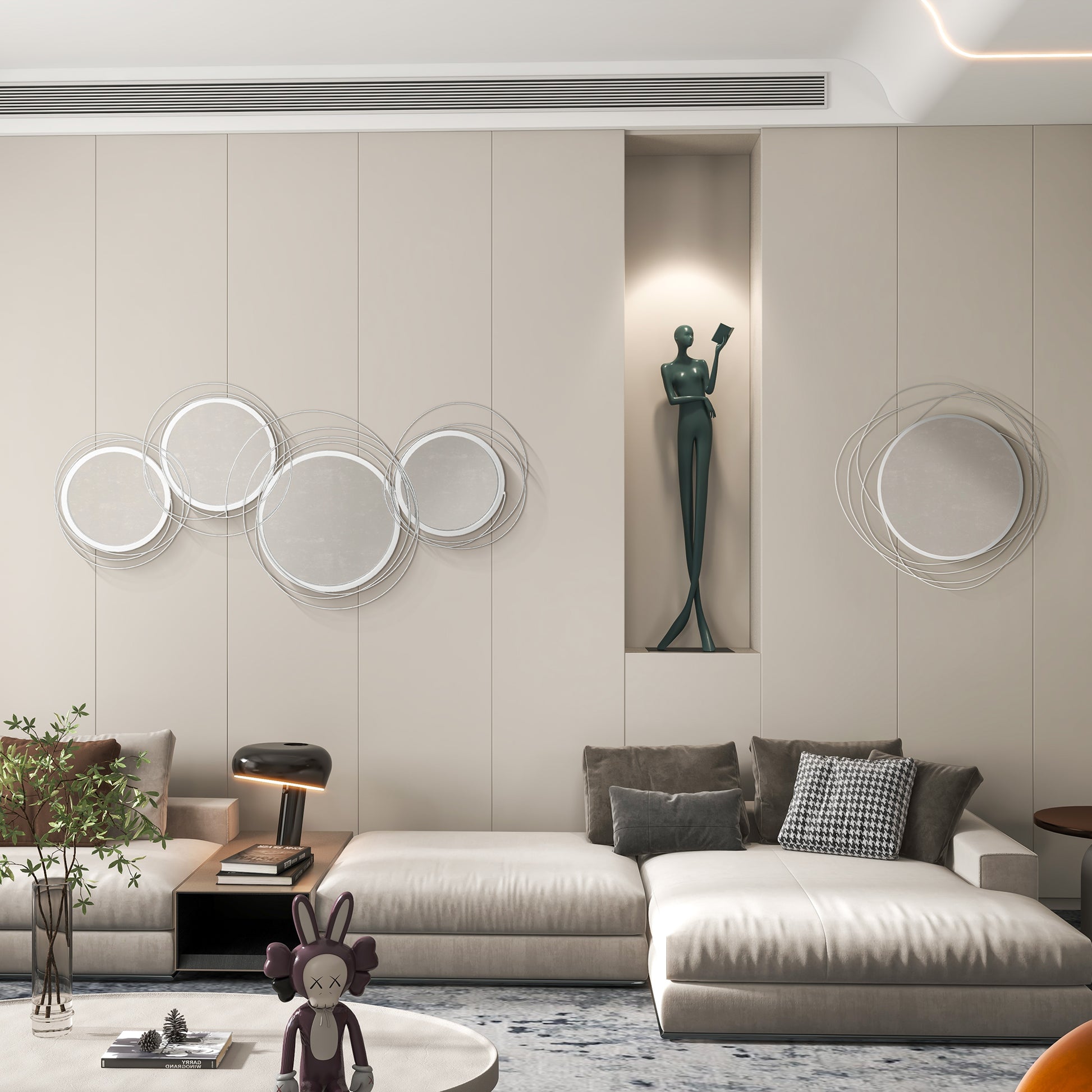 Modern Metal Wall Art with Mirror, Wall Sculpture Decor for Living Room