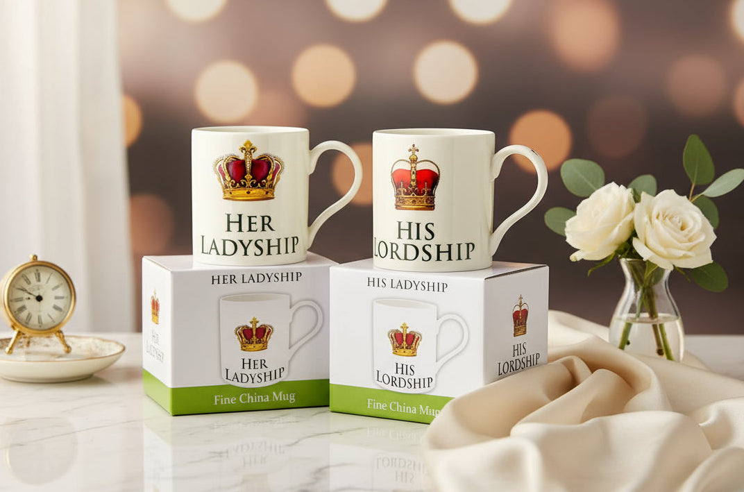 Set of 2 Mugs His Lordship & Her Ladyship Fine China in Individual Gift Boxes