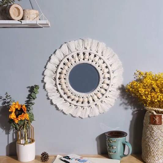 Round Mirror Wall Decor Macrame Boho Room Decor Wall Mirrors for Living Room Bedroom Decoration Mirror Bathroom Home Decoration