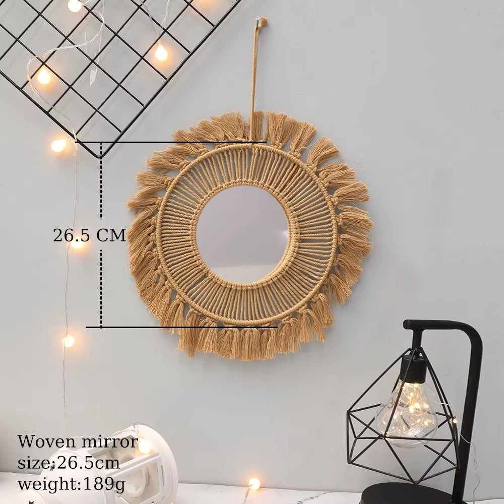 Macrame Wall Mirror Creative Simple Style Handmade round Hand-Woven Wall Art Nordic Bedroom Home Decor Wall Hanging Decoration