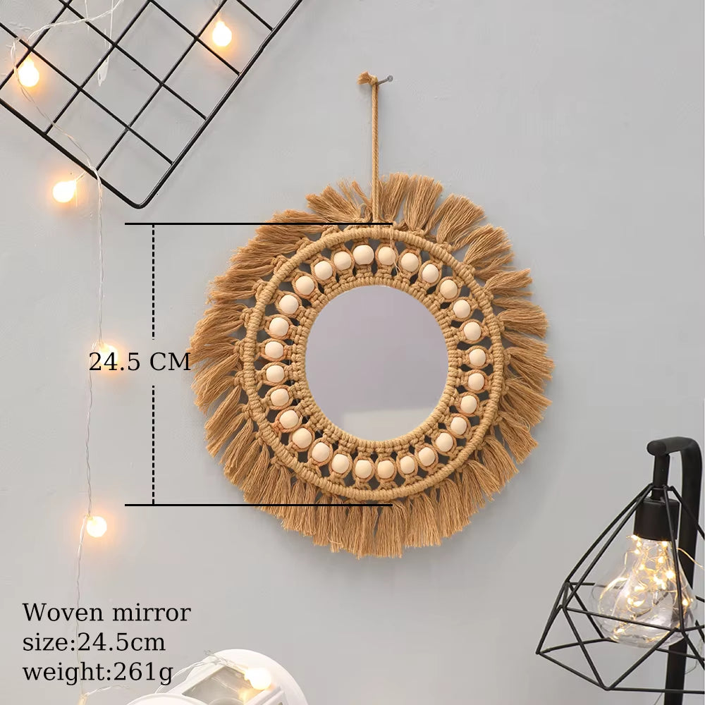 Macrame Wall Mirror Creative Simple Style Handmade round Hand-Woven Wall Art Nordic Bedroom Home Decor Wall Hanging Decoration