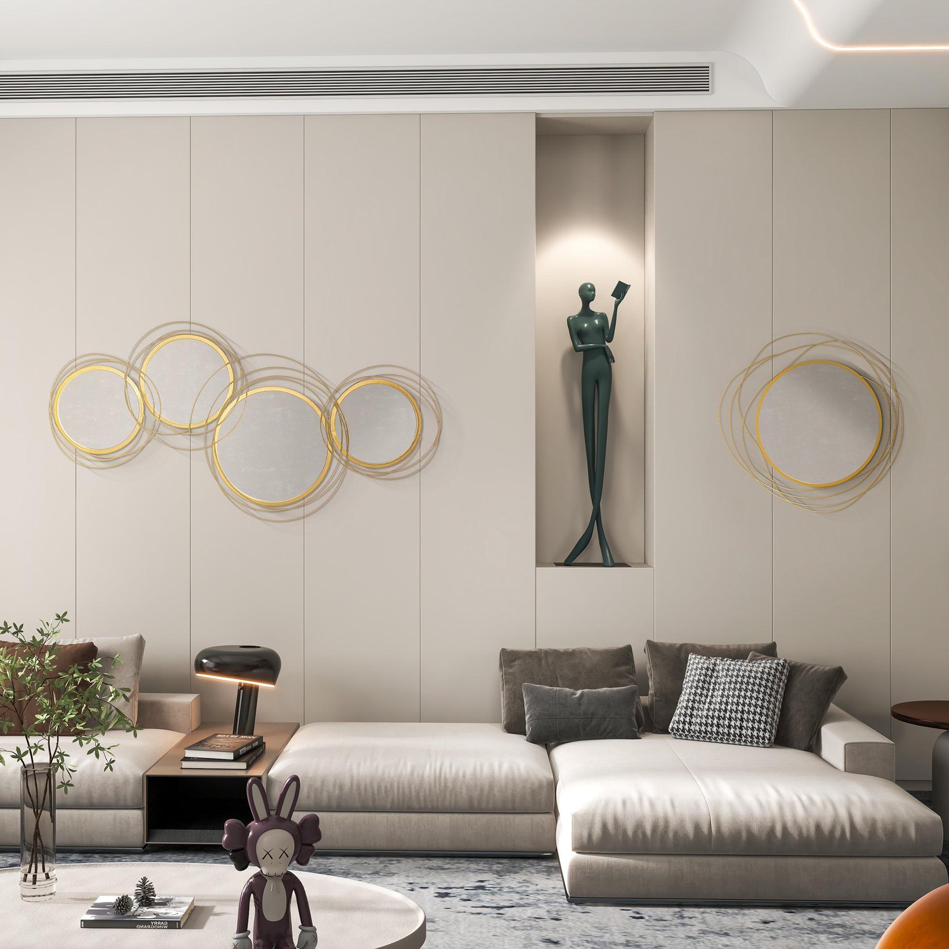 Modern Metal Wall Art with Mirror, Wall Sculpture Decor for Living Room