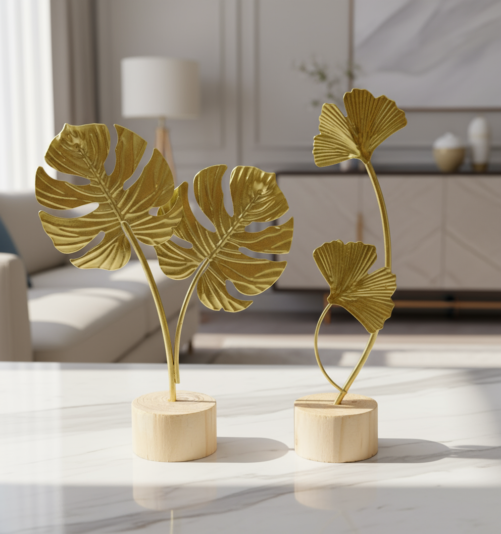 2Pcs Ginkgo Leaf Statue, Metal Leaves Gold Ornaments Sculptures, Gold Ginkgo Leaf Desktop Decoration Sculpture for Office, Bedroom, Bookshelf