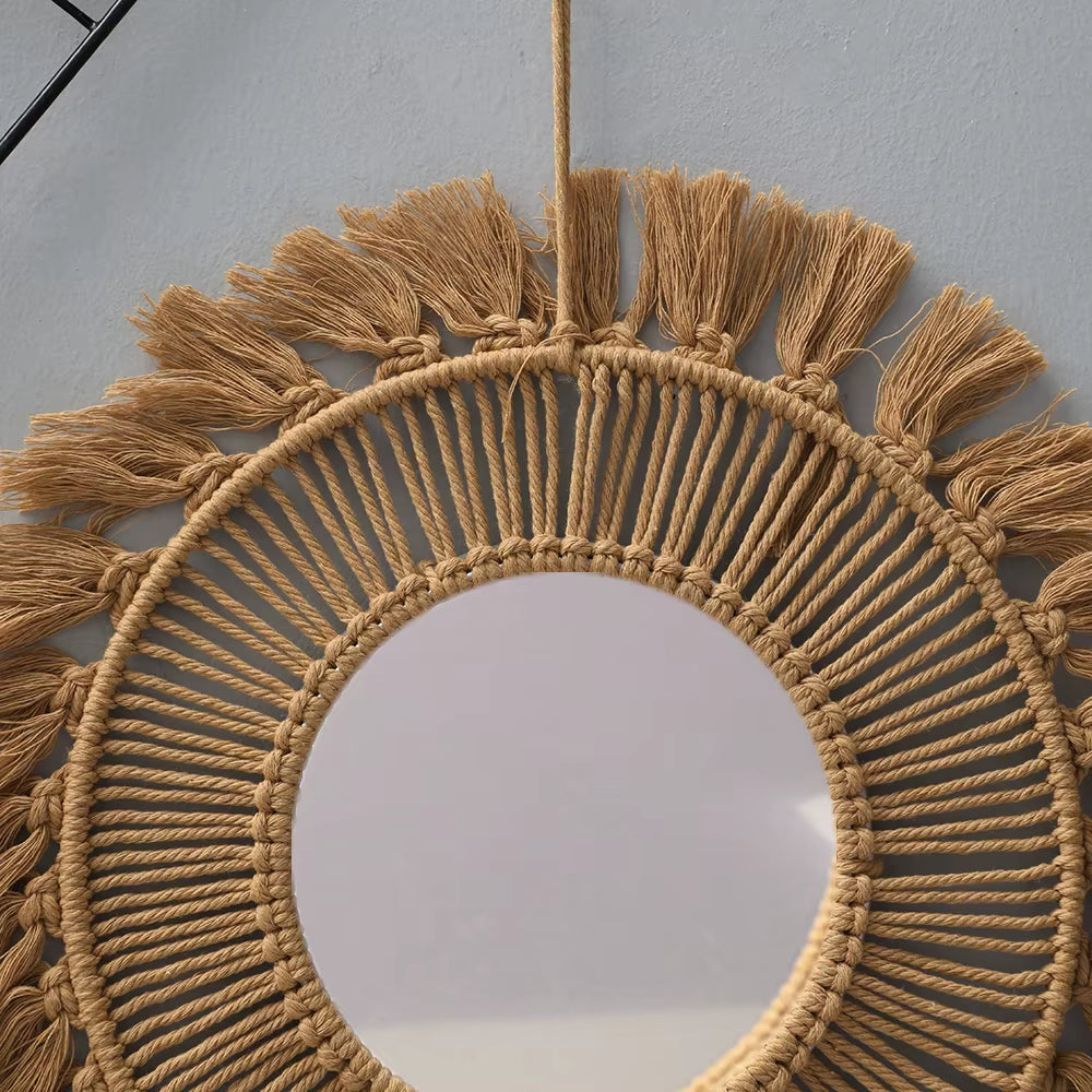 Macrame Wall Mirror Creative Simple Style Handmade round Hand-Woven Wall Art Nordic Bedroom Home Decor Wall Hanging Decoration