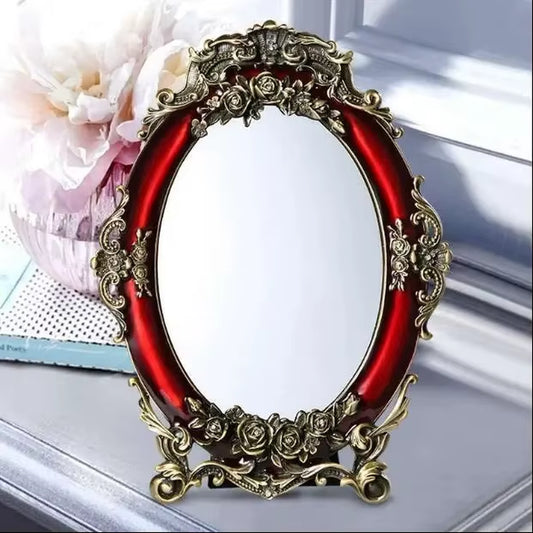 European Antique Bronze Red Frame Metal Desktop Mirror, Big Vintage Mirrors for Bedroom Decoration, Wife'S Gift, J023