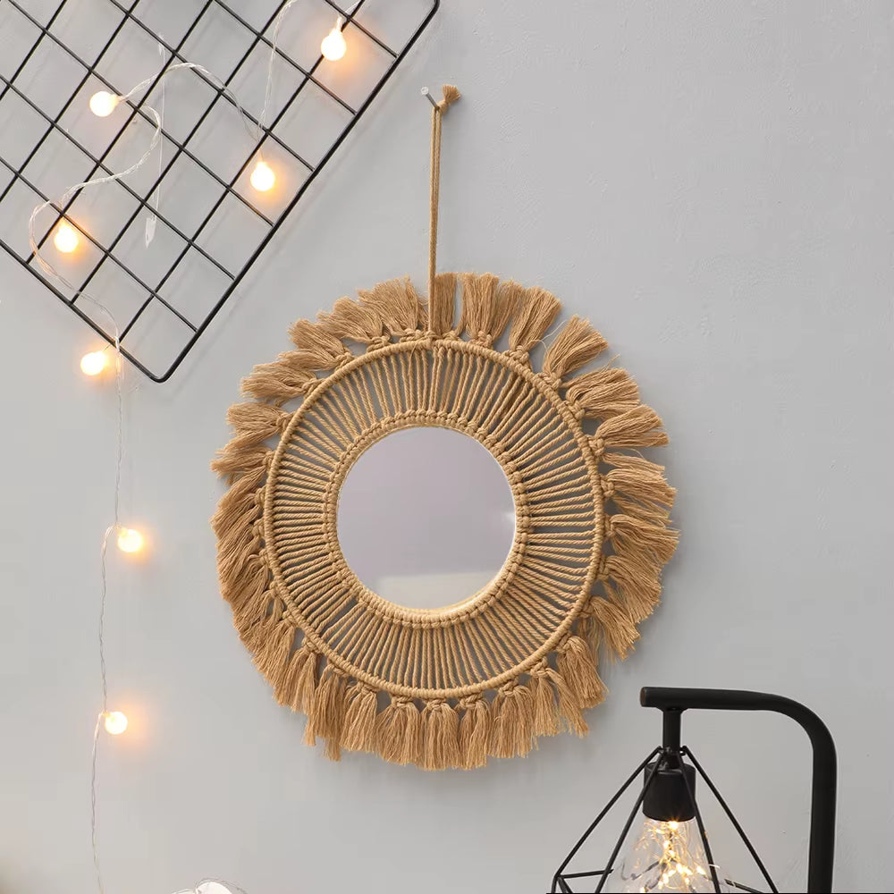 Macrame Wall Mirror Creative Simple Style Handmade round Hand-Woven Wall Art Nordic Bedroom Home Decor Wall Hanging Decoration
