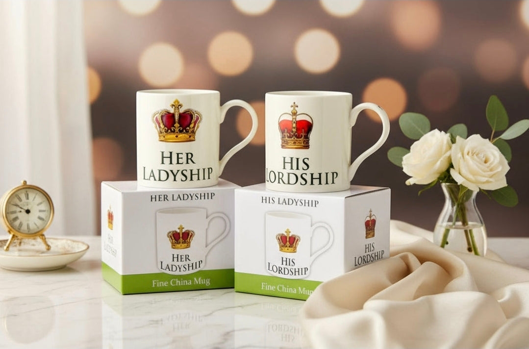 Set of 2 Mugs His Lordship & Her Ladyship Fine China in Individual Gift Boxes