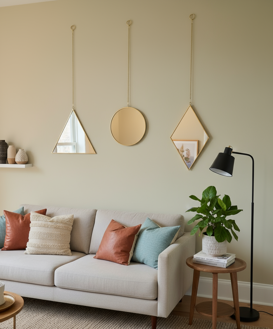 SMALL Set of Three Decorative Mirrors Triangle Circle Diamond Hanging Gold Chain